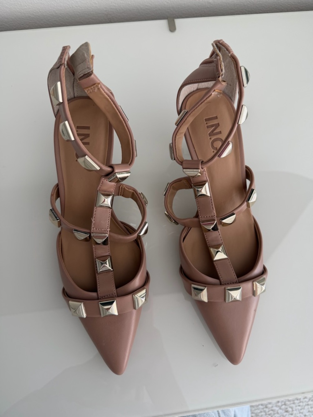INC International Concepts Studded Pointed-Toe T-Strap Flats - Mauve